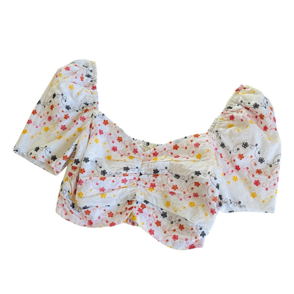 Tularosa Sable White Multicolor Embroidered Floral Ruched Eyelet Crop Top Large